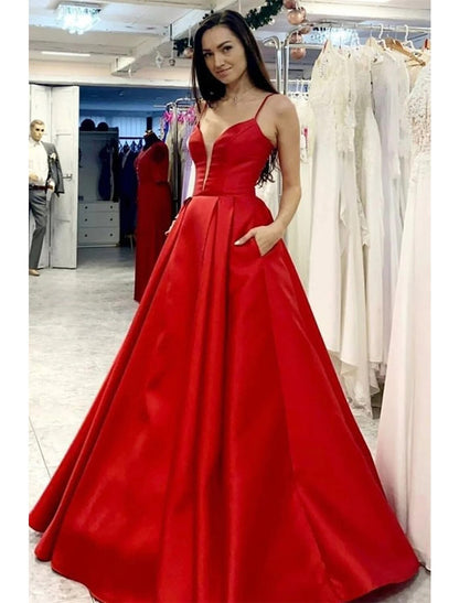 A-Line Prom Dresses Minimalist Dress Formal Floor Length Sleeveless V Neck Pocket Satin with Pleats