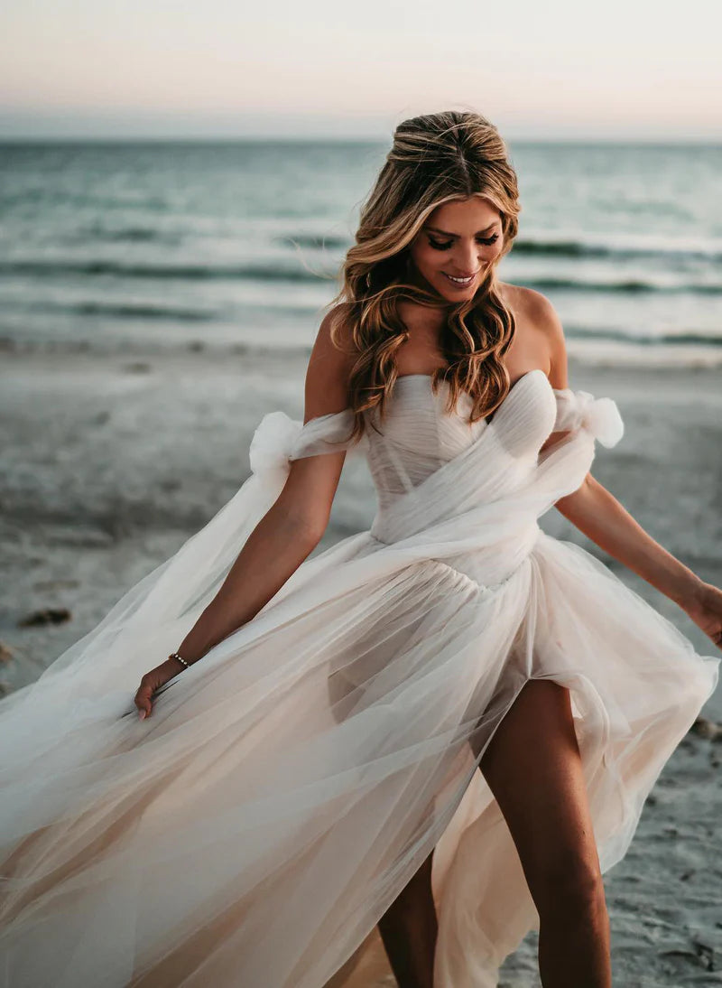 Beach Pleated Tulle Off-The-Shoulder A-Line Wedding Dresses With Split