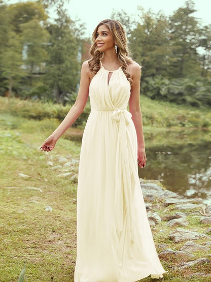 A-Line/Princess Chiffon Ruffles Halter Sleeveless Sweep/Brush Train Bridesmaid Dresses