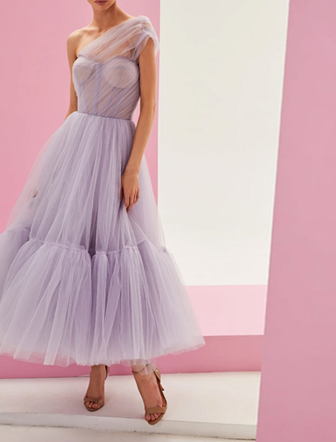 A-Line Puffy Fairy Homecoming Wedding Guest Dress One Shoulder Sleeveless Ankle Length Tulle with Pleats Pure Color