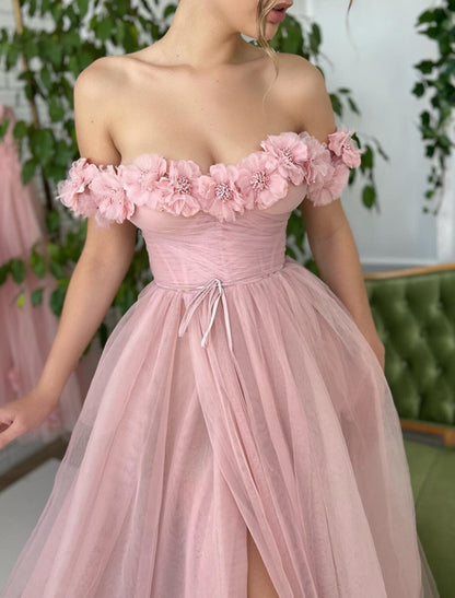 A-Line Prom Dresses Corsets Dress Wedding Guest Birthday Sweep / Brush Train Short Sleeve Off Shoulder Tulle with Slit Appliques