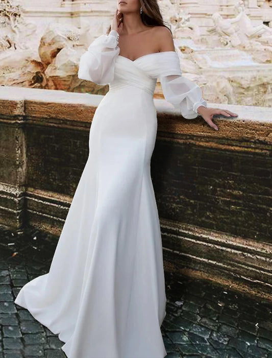 Reception Simple Wedding Dresses Mermaid / Trumpet Off Shoulder Long Sleeve Sweep / Brush Train Satin Bridal Gowns With Ruched