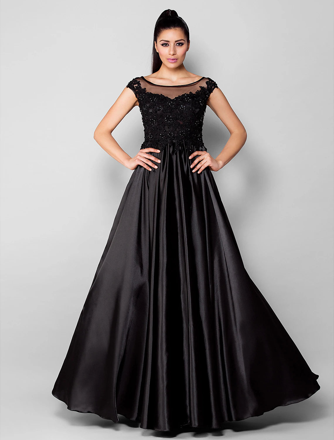 Ball Gown Minimalist Formal Evening Dress Illusion Neck Short Sleeve Floor Length Stretch Satin with Beading Appliques