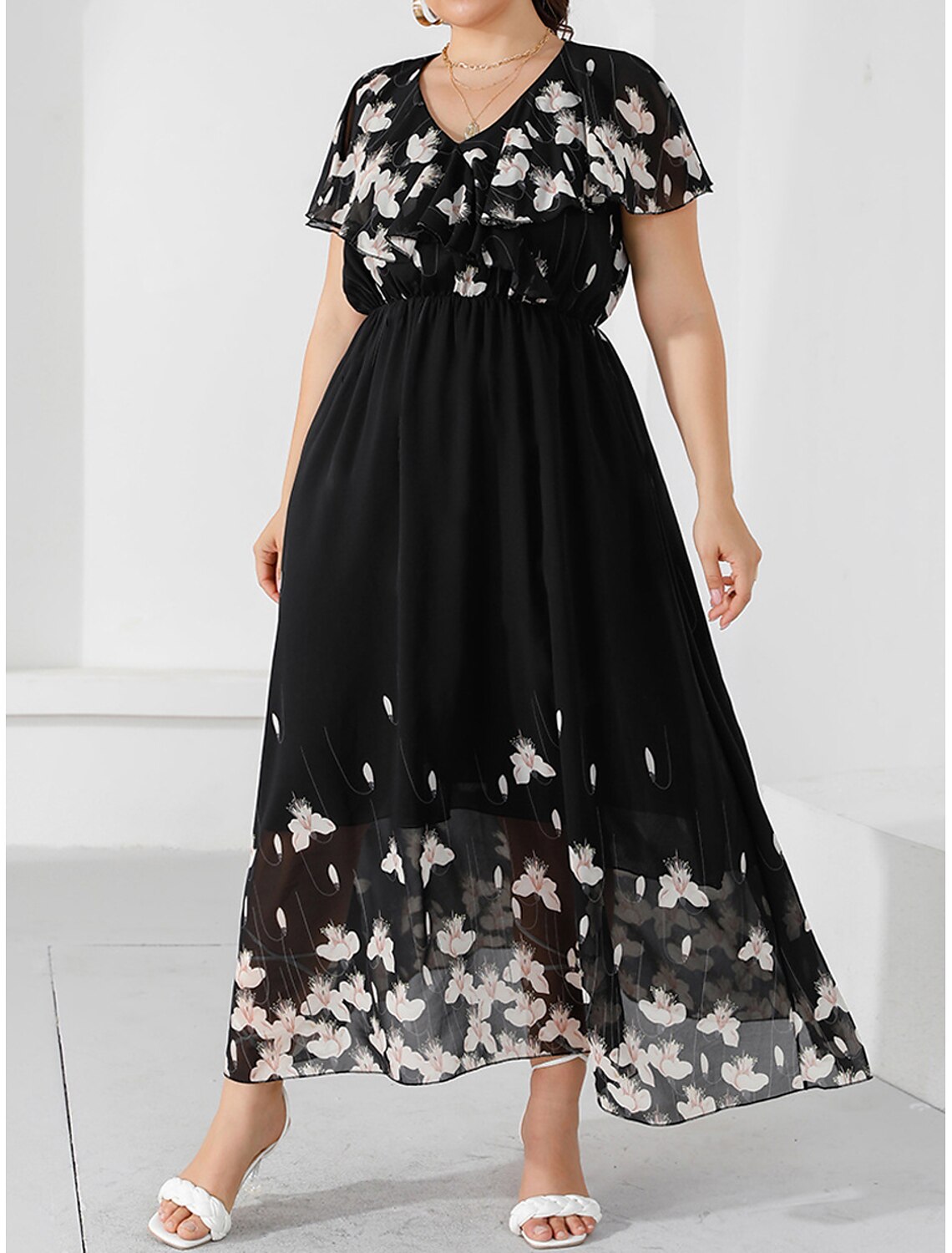 Women's Plus Size Prom Dress Party Dress Wedding Guest Dress Long Dress Maxi Dress Black Short Sleeve Floral Print Summer Spring Fall V Neck Elegant Wedding Guest Birthday Evening Party