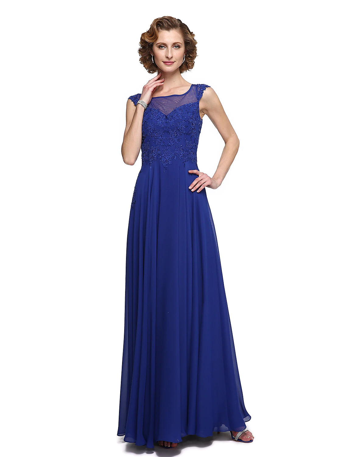 A-Line Mother of the Bride Dress Elegant Jewel Neck Ankle Length Chiffon Lace Sleeveless with Appliques