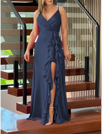 Women's Prom Dress Party Dress Wedding Guest Dress Long Dress Maxi Dress Fuchsia Green Dark Blue Sleeveless Pure Color Ruffle Spring Fall Winter Spaghetti Strap Fashion Birthday Evening Party Wedding