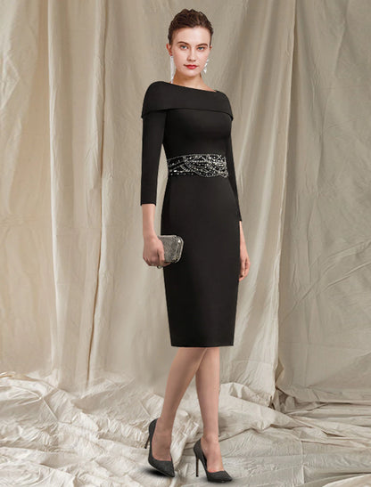 Sheath / Column Mother of the Bride Dress Elegant Jewel Neck Knee Length Stretch Fabric 3/4 Length Sleeve with Beading