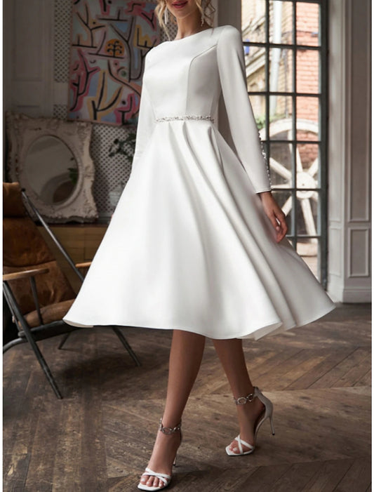 Simple Wedding Dresses Little White Dresses A-Line Scoop Neck Long Sleeve Knee Length Satin Bridal Gowns With Pleats Beading