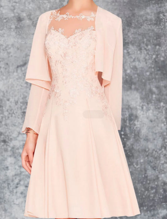 A-Line Mother of the Bride Dress Wedding Guest Jewel Neck Knee Length Chiffon Lace Long Sleeve Fall Wrap Included with Appliques Ruching