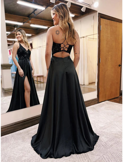 A-Line Evening Gown Empire Dress Formal Prom Floor Length Sleeveless V Neck Pocket Satin Backless with Beading Appliques