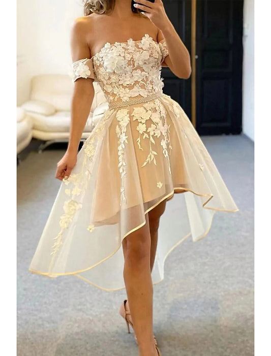 A-Line Cocktail Dresses Color Block Dress Homecoming Birthday Asymmetrical Sleeveless Off Shoulder Organza with Pleats Appliques