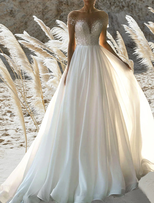 Beach Formal Wedding Dresses A-Line Off Shoulder Short Sleeve Court Train Chiffon Bridal Gowns With Pleats Beading