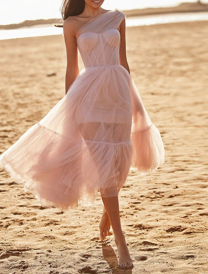 A-Line Puffy Fairy Homecoming Wedding Guest Dress One Shoulder Sleeveless Ankle Length Tulle with Pleats Pure Color