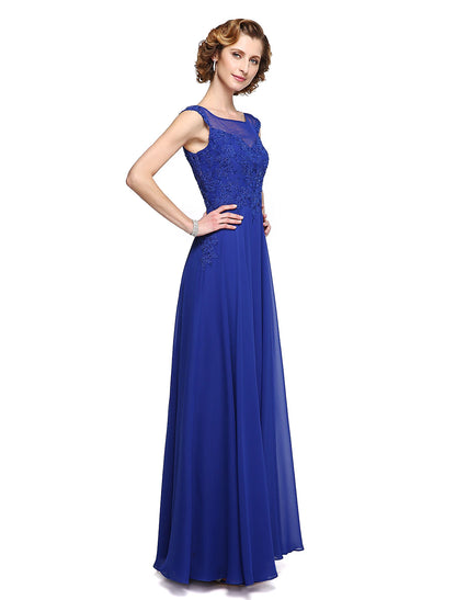 A-Line Mother of the Bride Dress Elegant Jewel Neck Ankle Length Chiffon Lace Sleeveless with Appliques