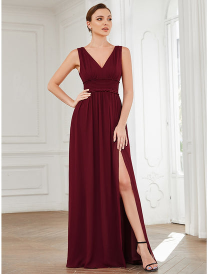 A-Line Evening Gown Minimalist Dress Wedding Guest Prom Floor Length Sleeveless V Neck Chiffon with Pleats