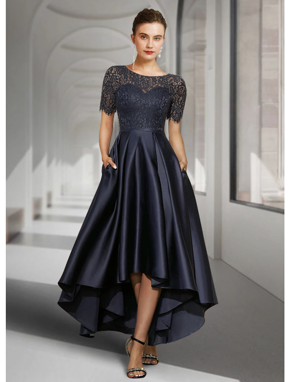 A-Line Mother of the Bride Dress Fall Wedding Guest Elegant High Low Jewel Neck Asymmetrical Tea Length Satin Lace Short Sleeve with Pleats
