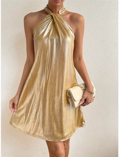 Women's Party Dress Wedding Guest Dress Sexy Dress Mini Dress Silver Gold Sleeveless Pure Color Sparkle Spring Fall Winter Halter Neck Fashion Wedding Guest Birthday Vacation Loose Fit