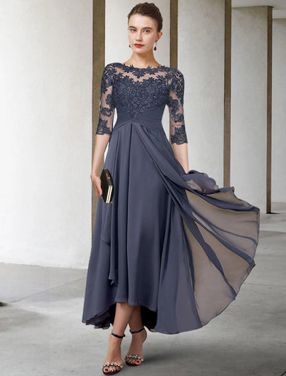 A-Line Mother of the Bride Dress Fall Wedding Guest Plus Size Elegant High Low Jewel Neck Asymmetrical Tea Length Chiffon Lace Half Sleeve with Ruched Appliques