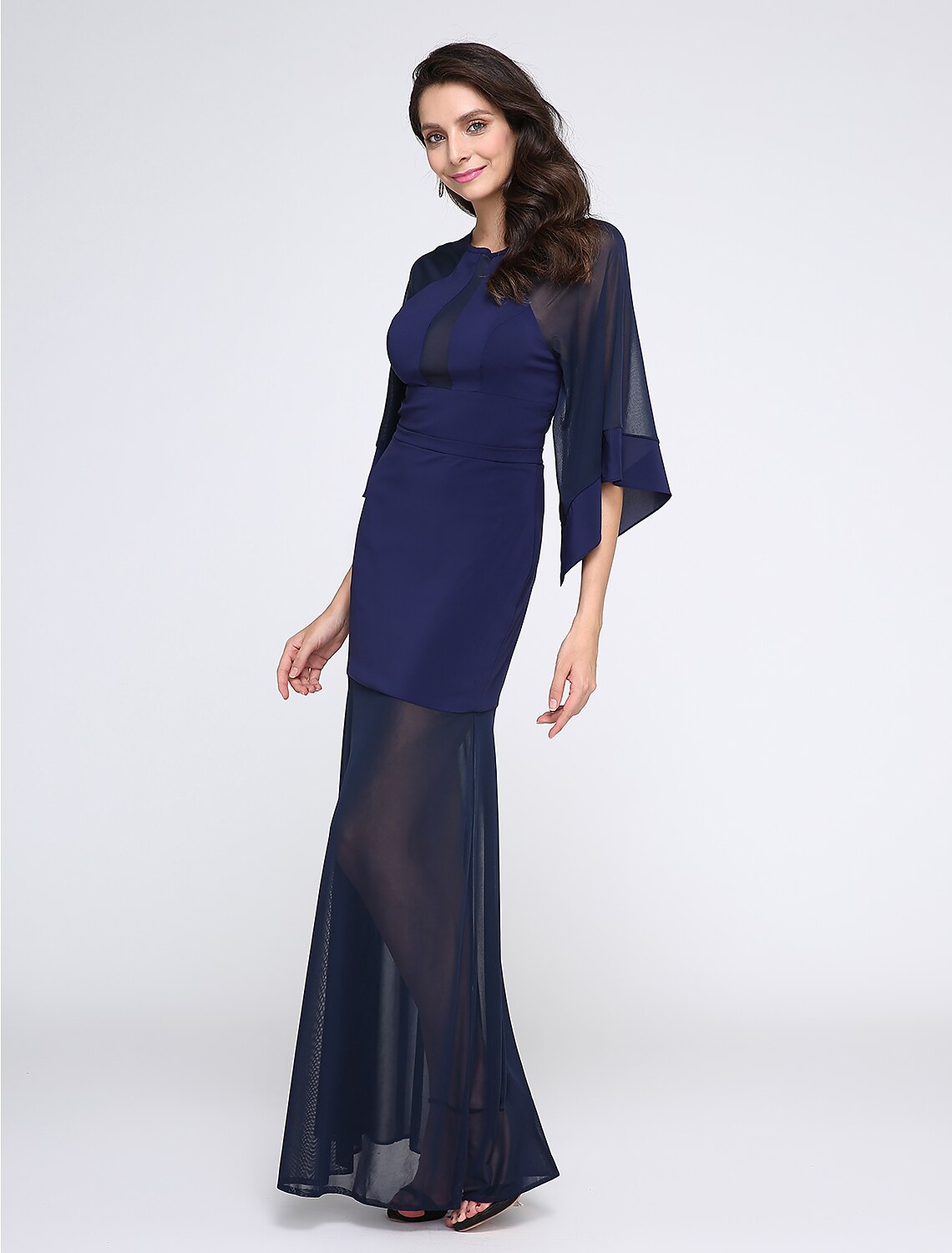 Sheath / Column See Through Dress Prom Formal Evening Floor Length Half Sleeve Jewel Neck Chiffon with Pleats