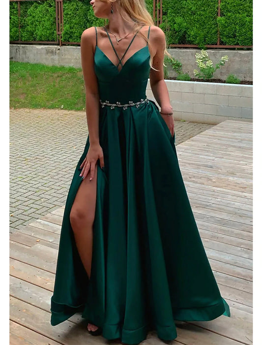 A-Line Prom Dresses Gothic Dress Formal Wedding Party Court Train Sleeveless Spaghetti Strap Satin Backless with Pleats Beading