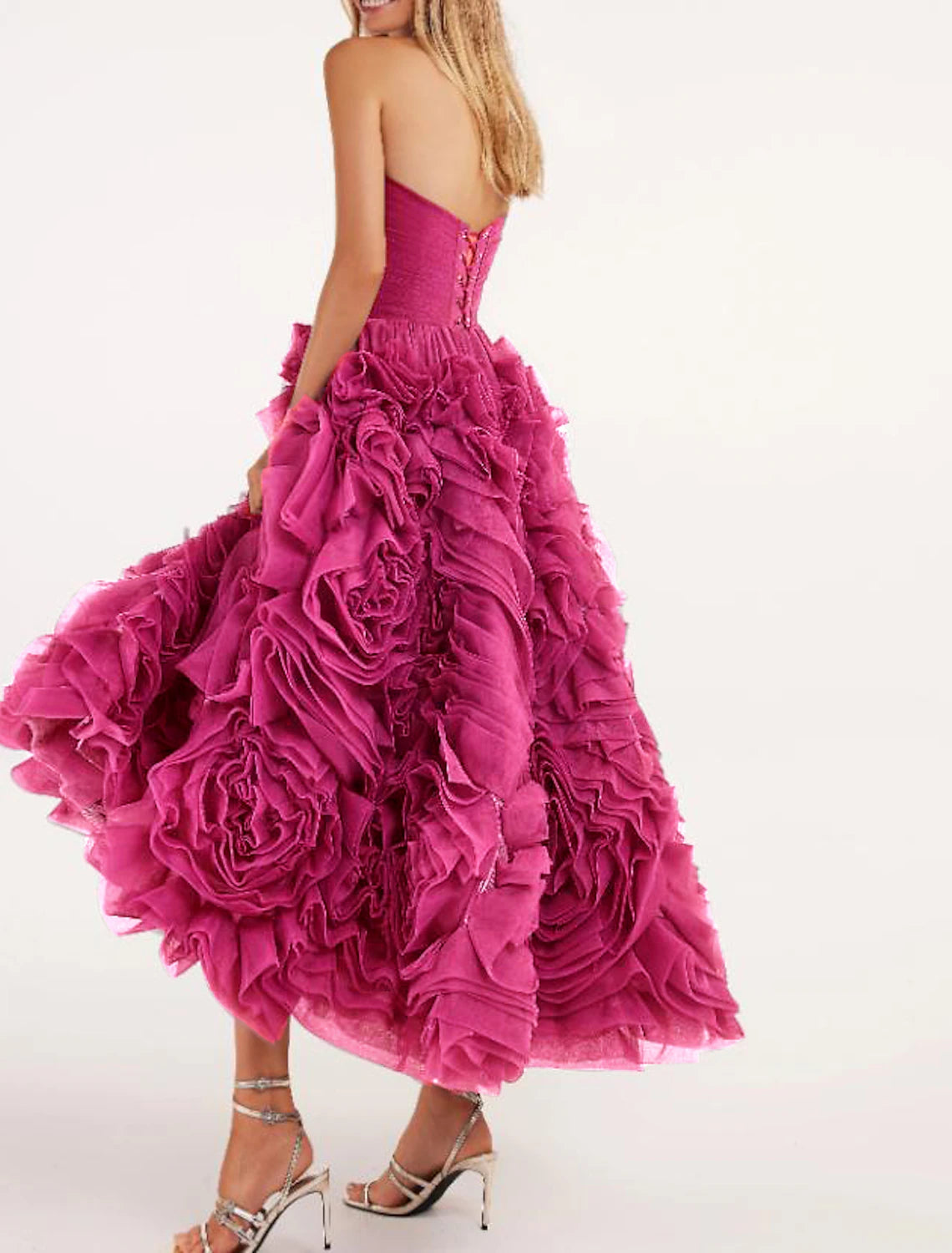 A-Line Prom Dresses Floral Dress Masquerade Ankle Length Sleeveless Strapless Tulle Backless with Floral