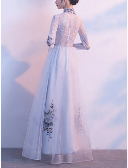 A-Line Mother of the Bride Dress Wedding Guest Vintage Elegant Petite V Neck Ankle Length Tulle 3/4 Length Sleeve with Embroidery