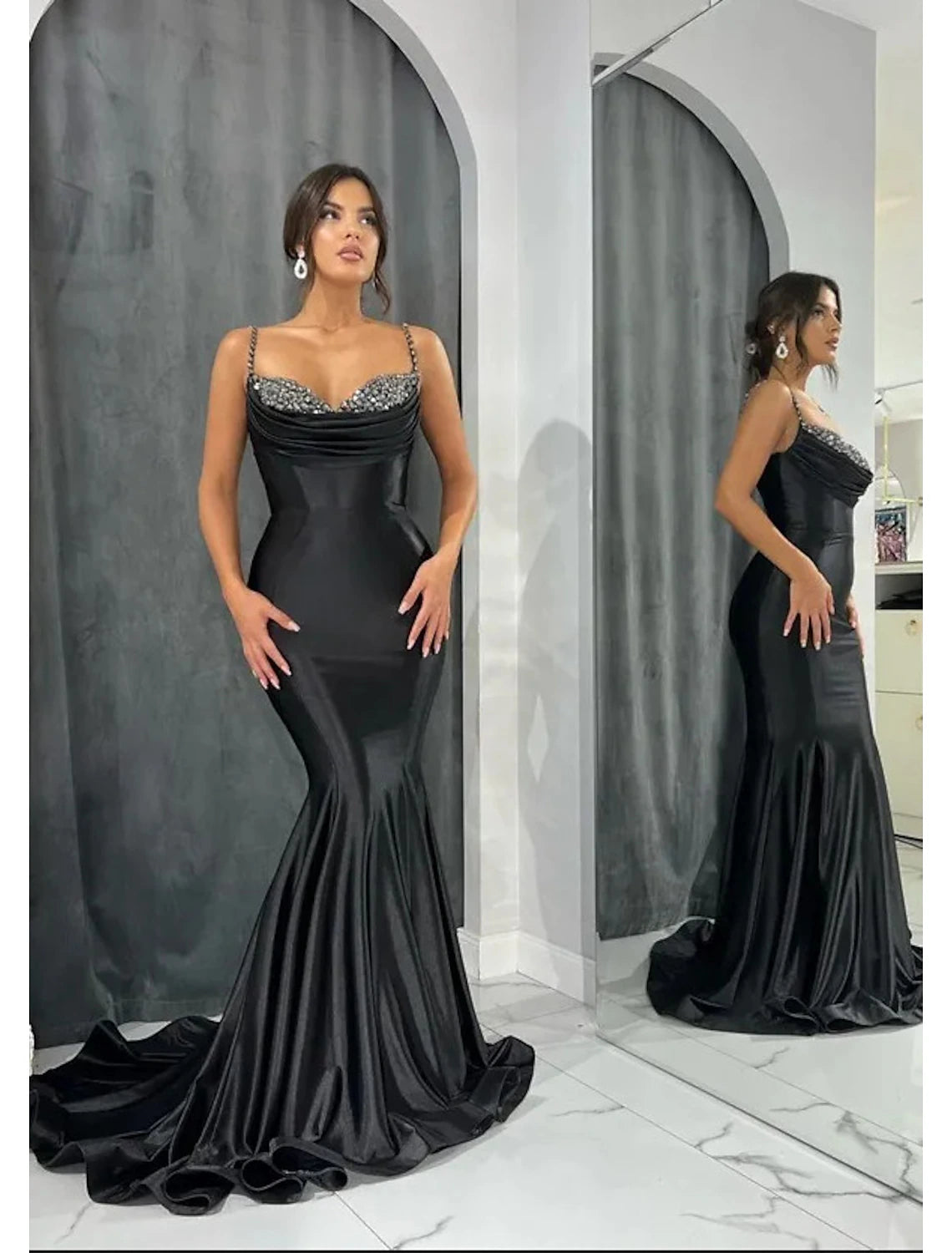 Mermaid / Trumpet Evening Gown Open Back Dress Formal Evening Black Tie Gala Court Train Sleeveless Sweetheart Satin with Glitter Crystals