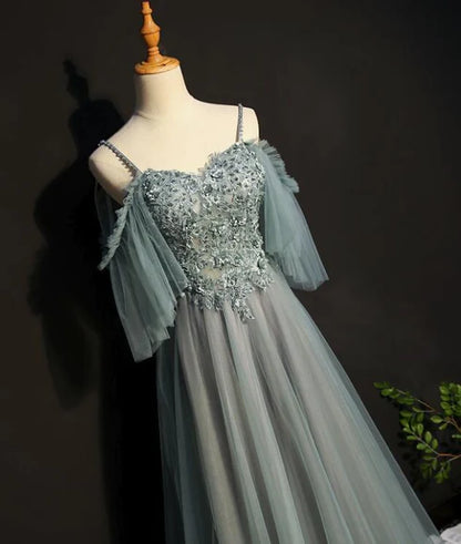 Light Green Tulle A-line Off Shoulder Party Dress Long Prom Dress