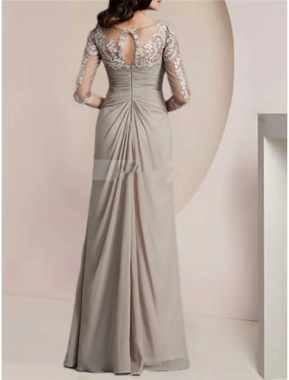 A-Line Mother of the Bride Dress Wedding Guest Elegant Scoop Neck Floor Length Chiffon Half Sleeve with Lace Ruching Solid Color