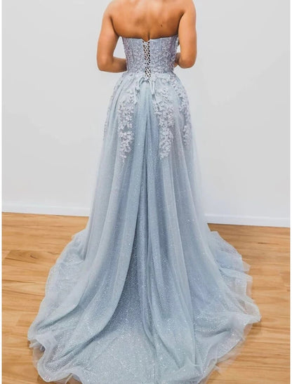 A-Line Evening Gown Sparkle & Shine Dress Formal Wedding Guest Court Train Sleeveless Sweetheart Tulle with Beading Slit Appliques