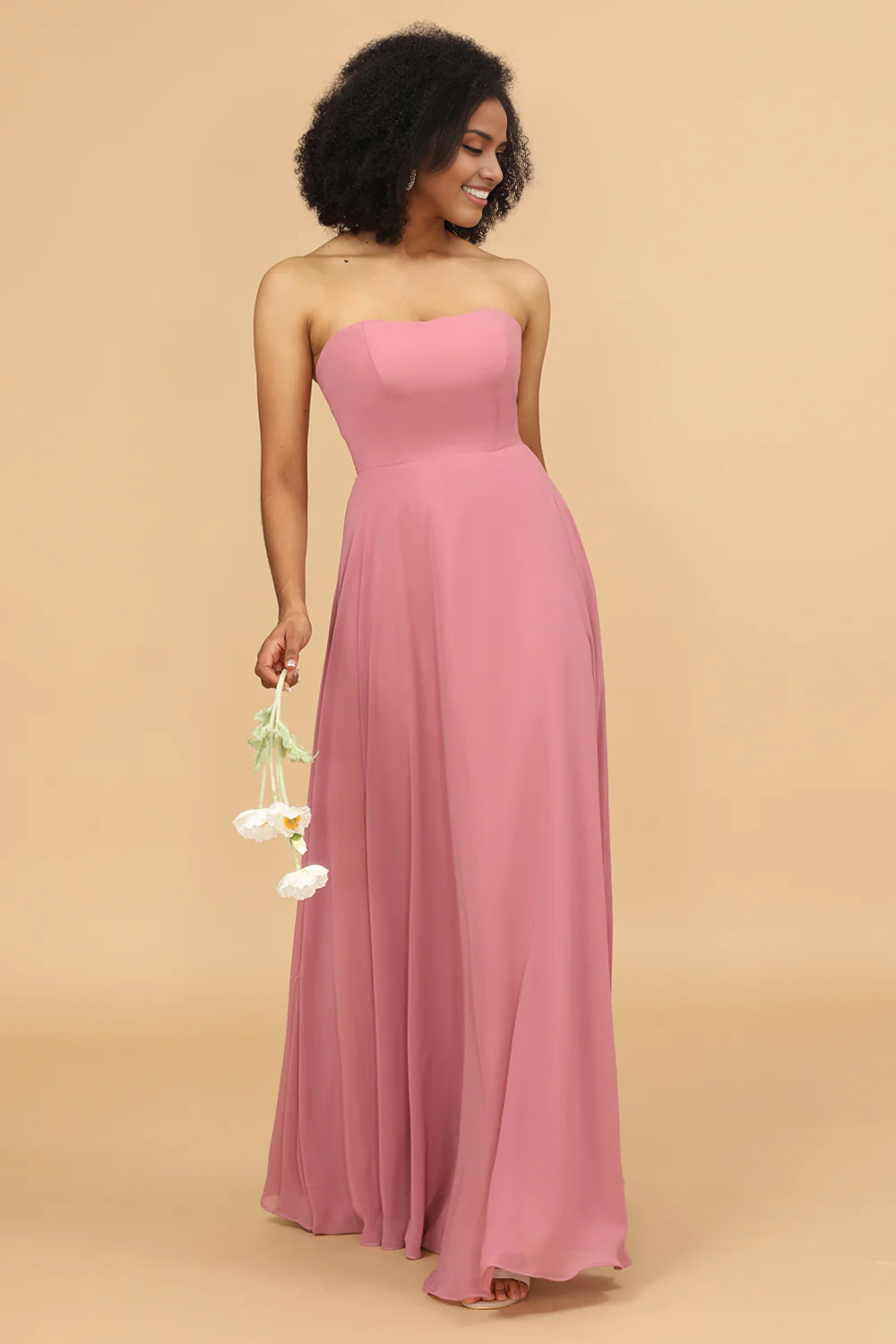 Chiffon A Line Blush Strapless Bridesmaid Dress