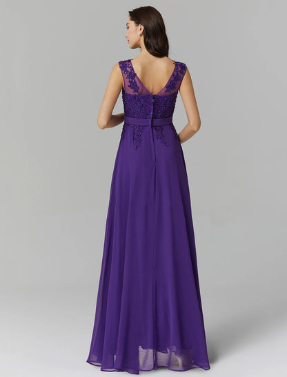 A-Line Chinese Style Dress Wedding Guest Floor Length Sleeveless Illusion Neck Chiffon V Back with Beading Appliques