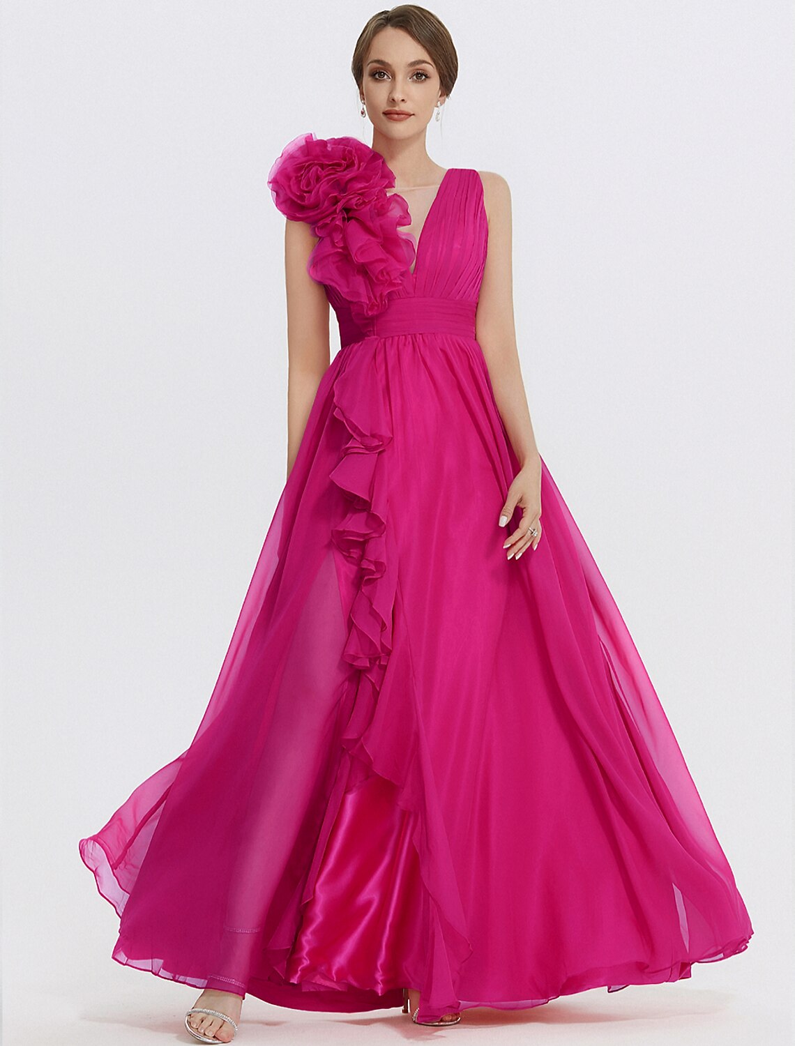 A-Line Evening Gown Floral Dress Formal Wedding Guest Floor Length Sleeveless V Neck Chiffon with Ruched Appliques