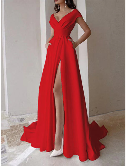 Women's Prom Dress Party Dress Swing Dress Long Dress Maxi Dress Black White Red Short Sleeve Plain Ruffle Summer Spring Fall V Neck Elegant Wedding Guest Evening Party