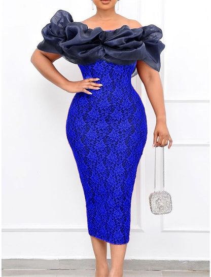 Women's Party Dress Lace Dress Cocktail Dress Midi Dress Blue Purple Short Sleeve Color Block Lace Summer Spring Fall Off Shoulder Elegant Wedding Guest Birthday Vacation