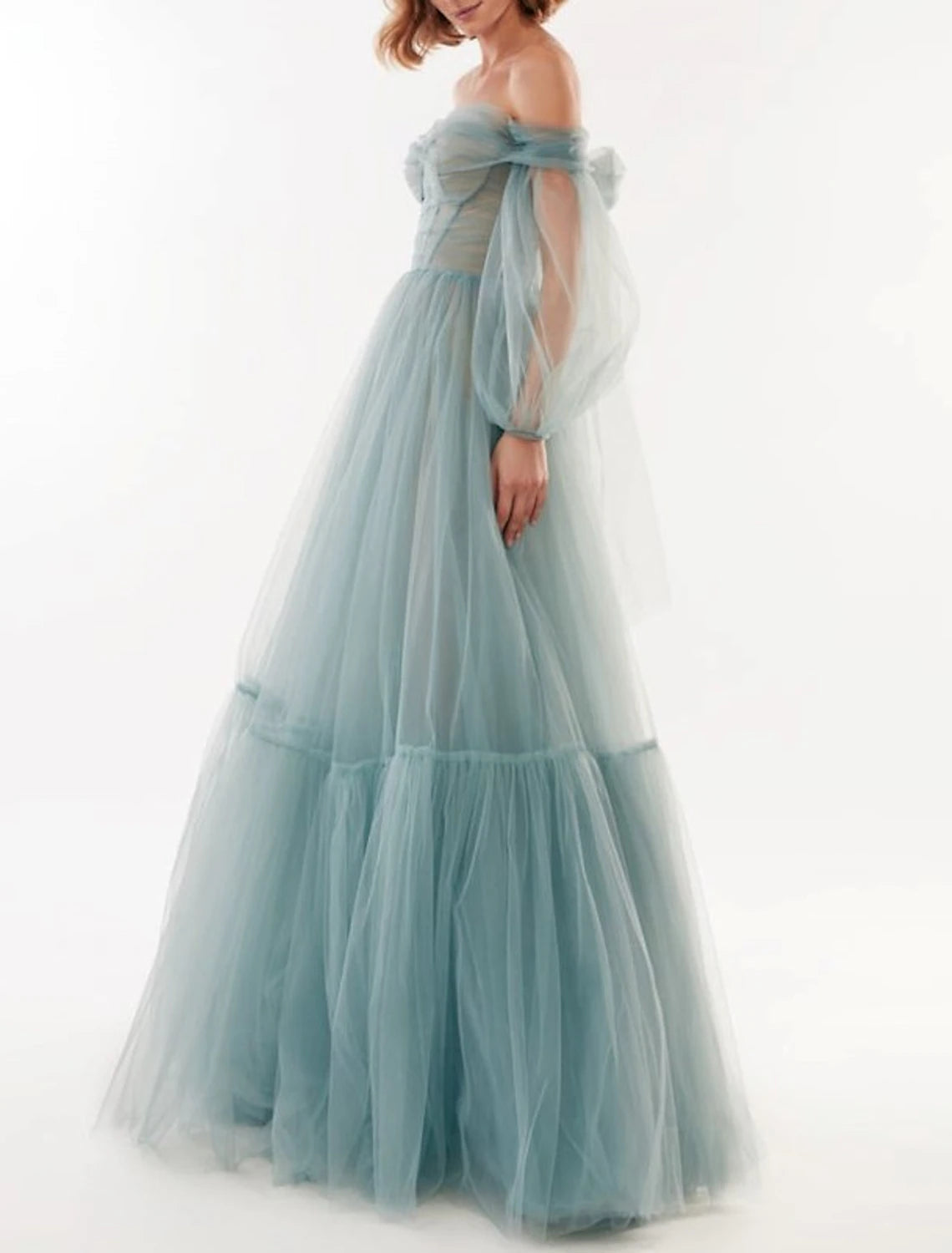 A-Line Elegant Sexy Wedding Guest Prom Dress Off Shoulder Long Sleeve Floor Length Tulle with Bow(s) Pleats