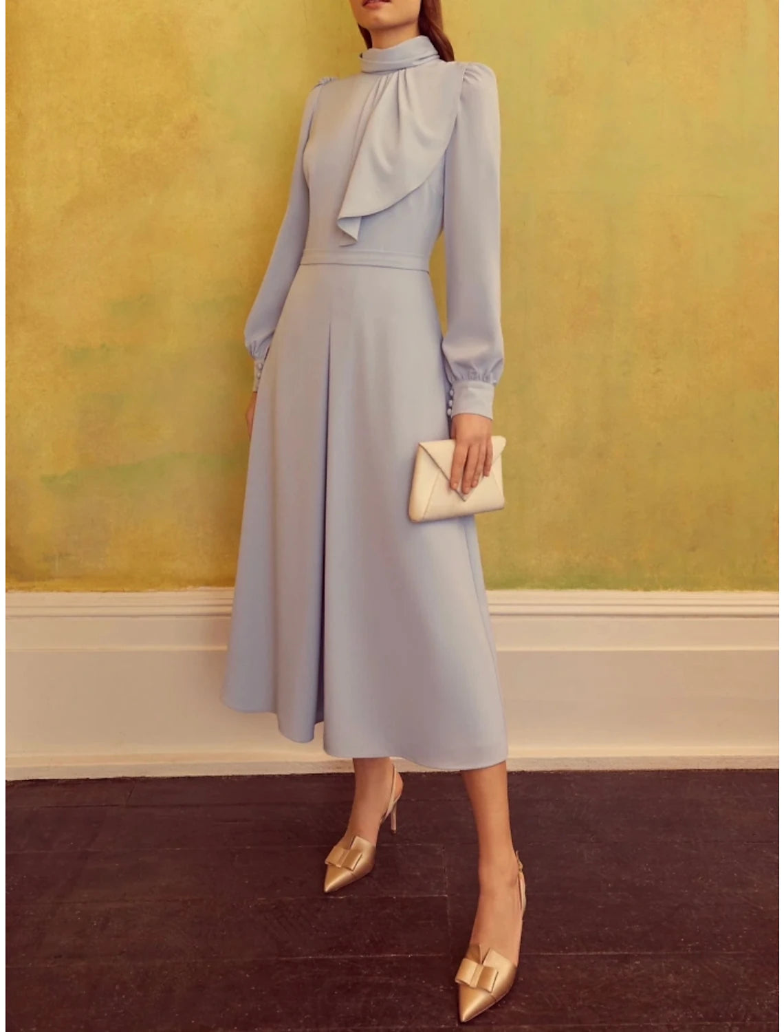 A-Line Mother of the Bride Dress Wedding Guest Elegant Petite High Neck Tea Length Satin Long Sleeve with Ruffles Ruching Solid Color