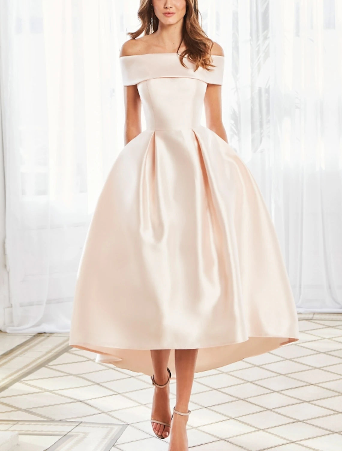 Ball Gown Elegant Vintage Engagement Prom Dress Off Shoulder Short Sleeve Ankle Length Satin with Sleek