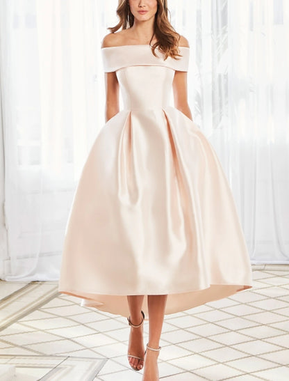 Ball Gown Elegant Vintage Engagement Prom Dress Off Shoulder Short Sleeve Ankle Length Satin with Sleek