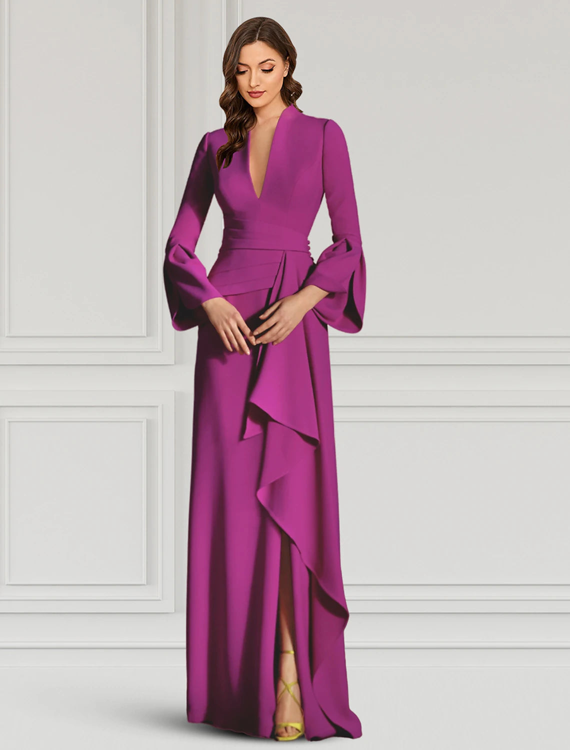 Sheath / Column Evening Gown Elegant Dress Formal Cocktail Party Floor Length Long Sleeve V Neck Fall Wedding Guest Stretch Fabric with Ruffles