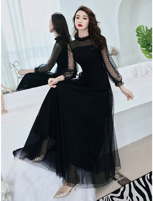 A-Line Little Black Dress Elegant Party Wear Prom Dress High Neck Long Sleeve Floor Length Lace with Ruffles