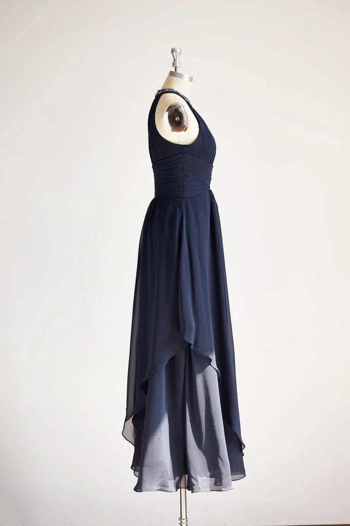 Halter Navy Blue Beaded Chiffon Long Wedding Bridesmaid Dress