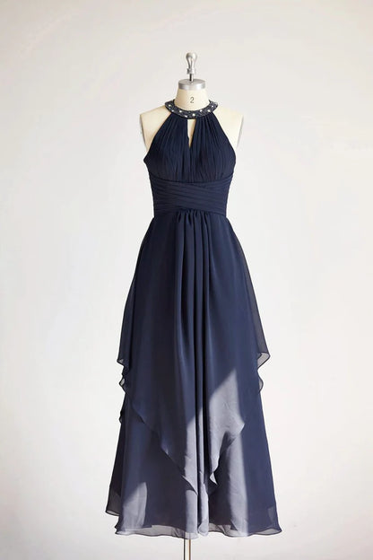 Halter Navy Blue Beaded Chiffon Long Wedding Bridesmaid Dress