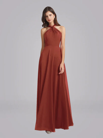 Halter Neckline Chiffon A Line Bridesmaid Dresses