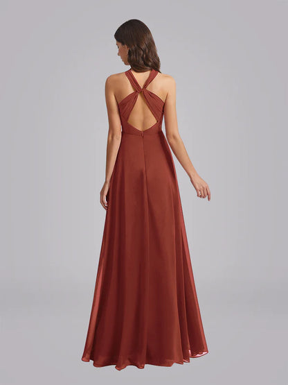 Halter Neckline Chiffon A Line Bridesmaid Dresses