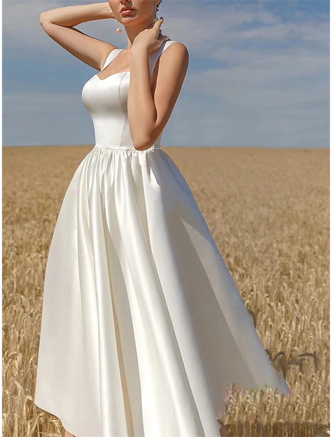 A-Line Wedding Guest Dresses Minimalist Dress Party Wear Semi Formal Tea Length Sleeveless Spaghetti Strap Satin with Pure Color