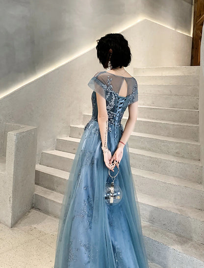 A-Line Mother of the Bride Dress Fall Wedding Guest Dresses Elegant Jewel Neck Floor Length Tulle Short Sleeve with Pleats Appliques
