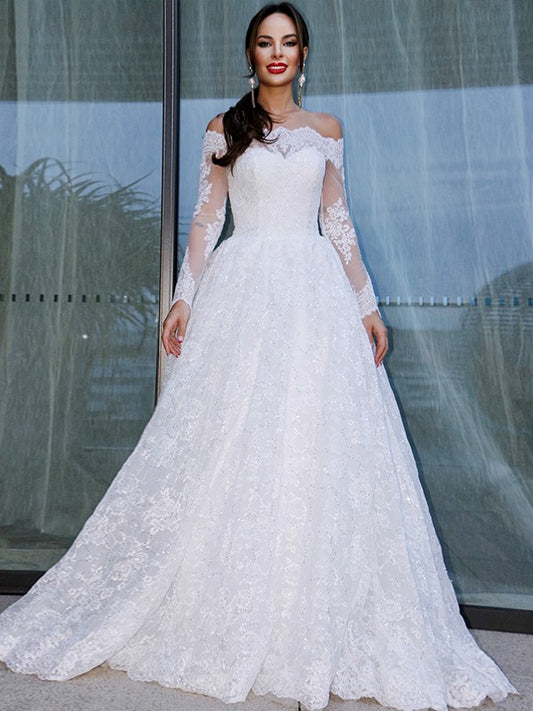 Ball Gown Bateau Long Sleeves Lace Floor-Length Wedding Dresses