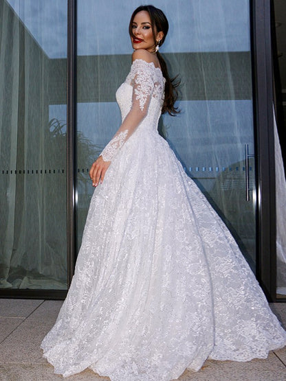 Ball Gown Bateau Long Sleeves Lace Floor-Length Wedding Dresses