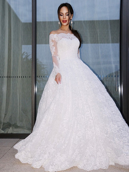 Ball Gown Bateau Long Sleeves Lace Floor-Length Wedding Dresses